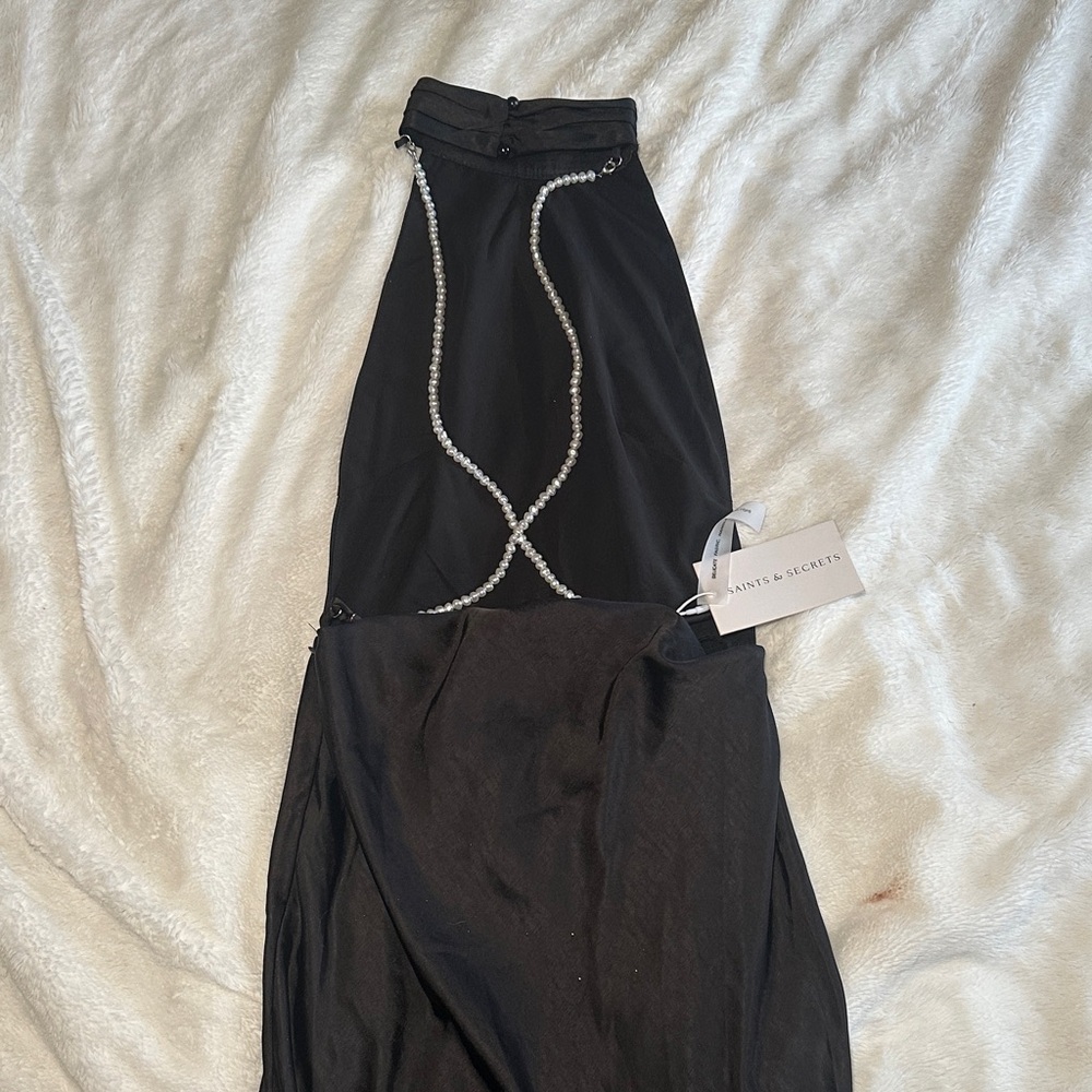 Selfie Leslie / saints & secrets Elegant Black Open Dress with Pearl Detailing